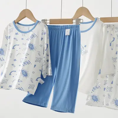 Children's Pajamas Set White Blue Go Go Cotton Summer