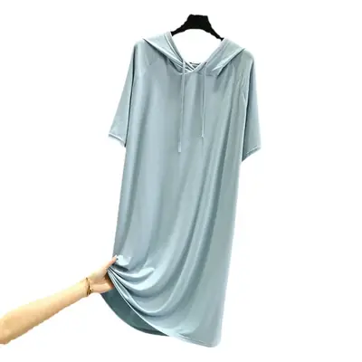 Women's Black Long Sleeve Hooded T-Shirt Dress Large