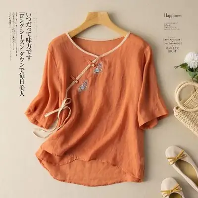 Women Cotton Linen Top Purple Buckle Embroidered Large