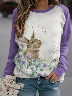 Rabbit Print Long Sleeve Sweatshirt Women Pink