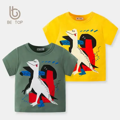 2026 Kids T-Shirt Green Dinosaur Print Short Sleeve Cotton