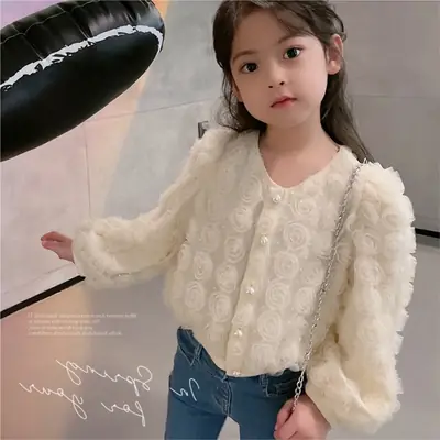 Girls Mesh Three-Dimensional Flower Cardigan Shirt