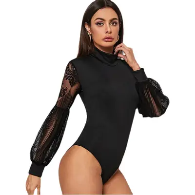 Black Lace Long Sleeve Slim Fits Women's Jumpsuit