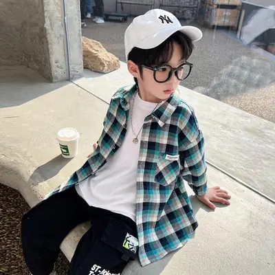 Kids Plaid Long Sleeve Shirt Set 2024 Spring