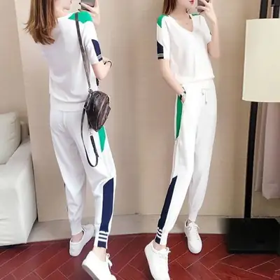 Women Casual Sports Suit Black V-Neck Pants 2025