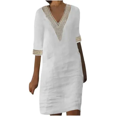 Women Cotton Linen V-Neck Dress White Seven Sleeve