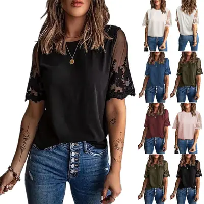 Women's Lace Chiffon Crew Neck Top with Lace Sleeves