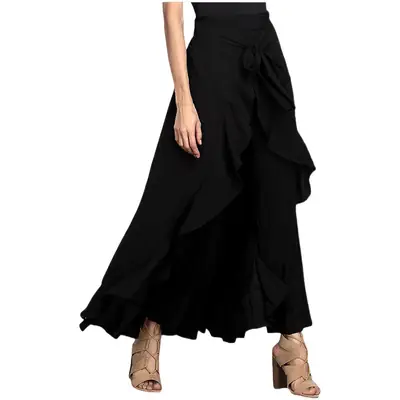 Women High Waist Chiffon Pants Olive Green Large