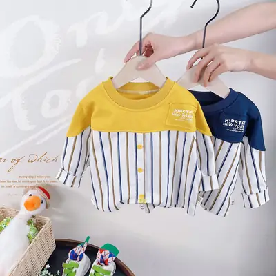 2026 Korean Boys Striped Patchwork Top T-Shirt 0-5Y