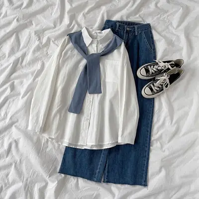 Women's White Blue Tie-Neck Shirt with Denim Pants