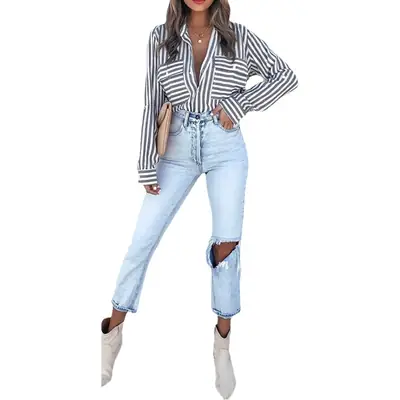 Women Green Striped Cotton Button Down Shirt with Jeans