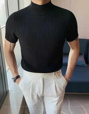 Men Slim Fit Short Sleeve Pullover Sweater Solid Color