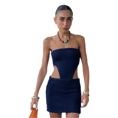 Hollow Strapless Knitted Skirt Dress Navy Blue
