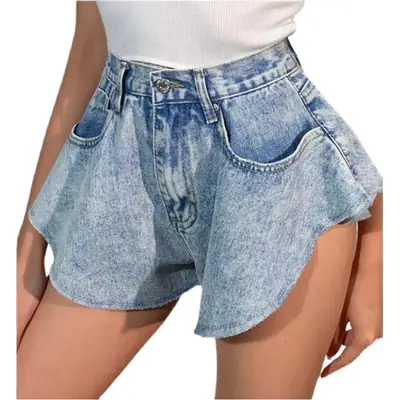Wide Leg Denim Shorts High Waist Wash Blue