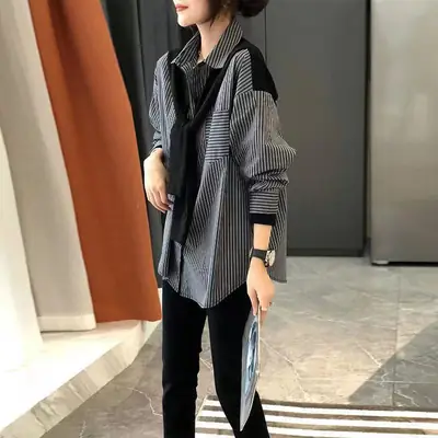 Women Black Gray Striped Shirt 2026 New Model