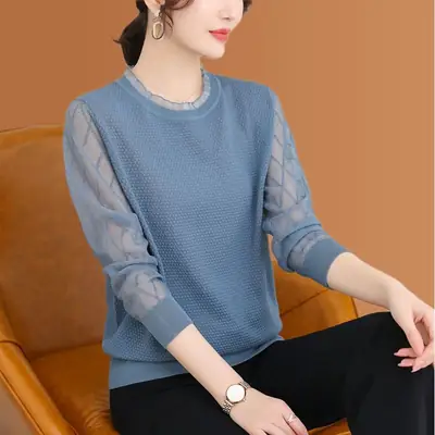 Women Long Sleeve Lace Knitted T-Shirt Blue 2023
