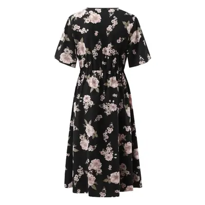 Plus Size Floral V-Neck Chiffon Dress Black