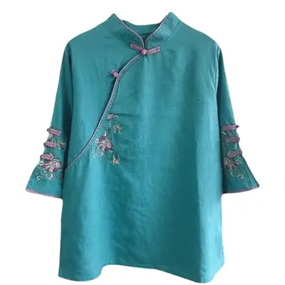 Women Chinese Style Cotton Shirt with Embroidered Neckline