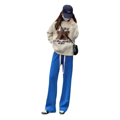 Women Wide Leg Pants Snake Bone Print Blue Loose Straight