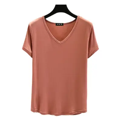 Women Black V-neck T-shirt Slim Fit Loose Summer