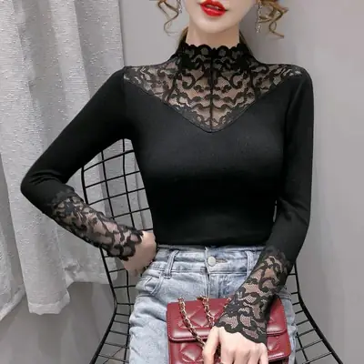 Black Lace Long Sleeve Turtle Collar Top