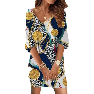 2025 V Neck Printed Loose Dress Women Casual Loose Fit