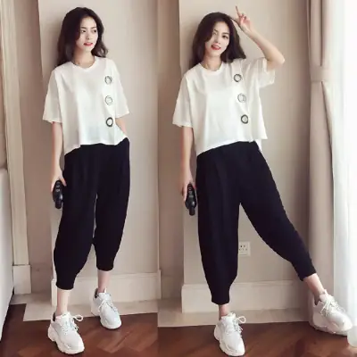 Women Plus Size Chubby Harem Pants Set Summer Loose Slim Covering T-shirt