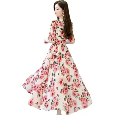 Korean Floral Print V-Neck Dress Large Size
