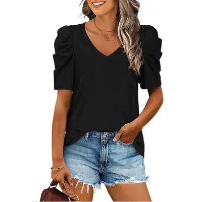 2022 Green V Neck Short Sleeve T-Shirt for Women