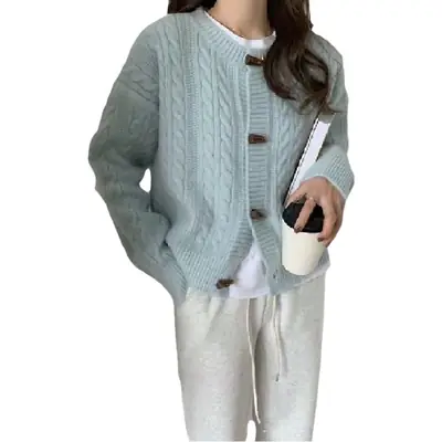 Women's Blue Knitted Horn Buckle Cardigan Coat