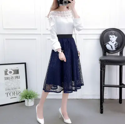 2026 Lace Mid-Length Blue Mesh Skirt with High Waist