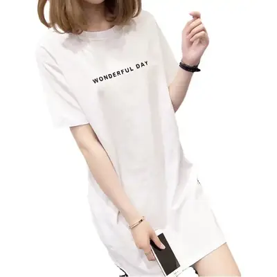 Women White Letter Slit T-Shirt Mid Length Loose Summer