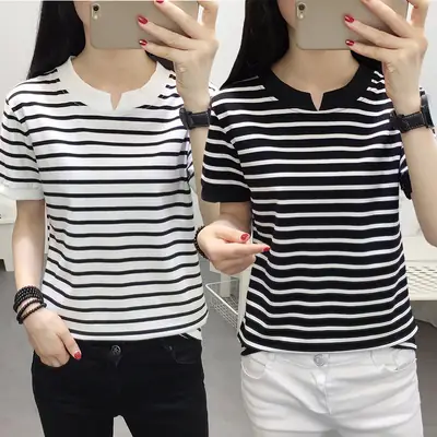 Women Striped Cotton T-Shirt Navy White Plus Size