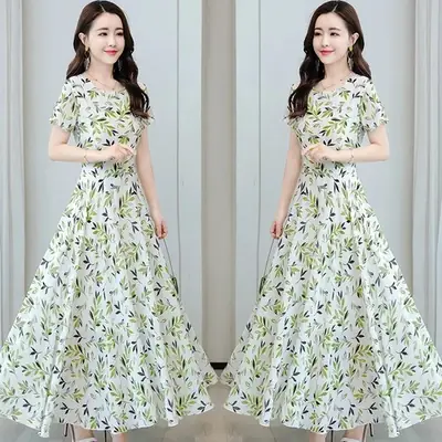 Women's Ice Silk Printed Skirt Dress Summer Elegant Long