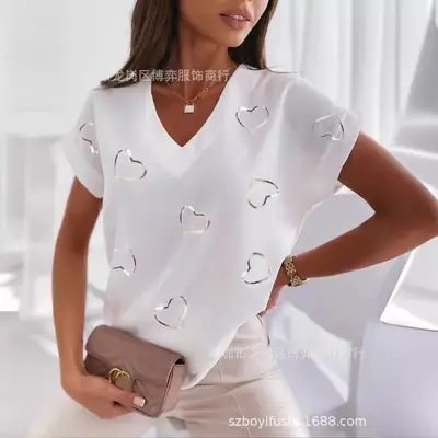 Women V-Neck Printed T-Shirt Light Blue Heart Design