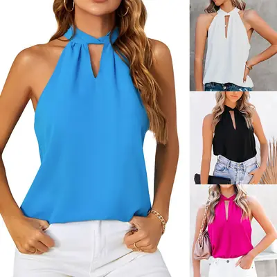 Blue Lace Chiffon Hanging Neck Vest for Women