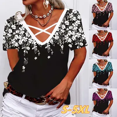 European Printed V-neck T-shirt Short Sleeve Loose Comfort
