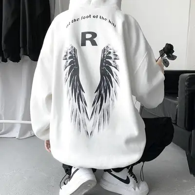Men Winter Hoodie White Wings Print Fleece Lined