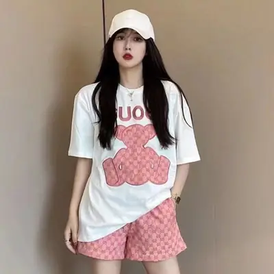 Women 2022 Summer Print T-Shirt Shorts Set White Pink