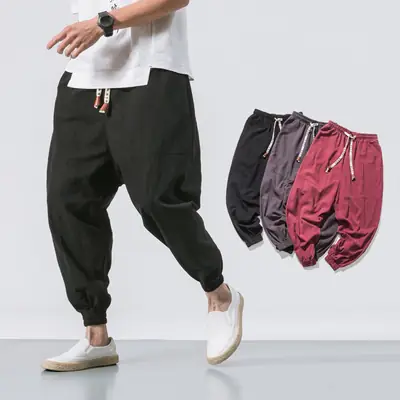 Men's Japanese Style Linen Leggings Brown Casual Pants