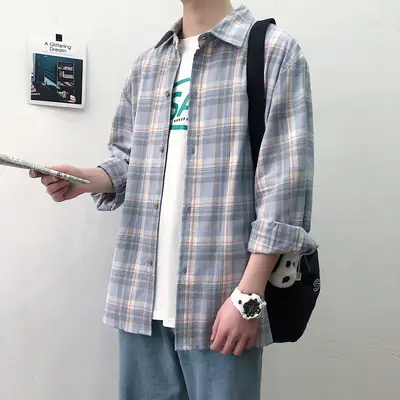 Men's Plaid Long Sleeve Shirt Loose Fit Korean Style