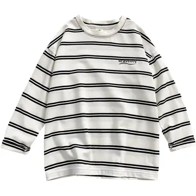 Boys Striped Cotton T-Shirt 2026 Spring Autumn Korean Style
