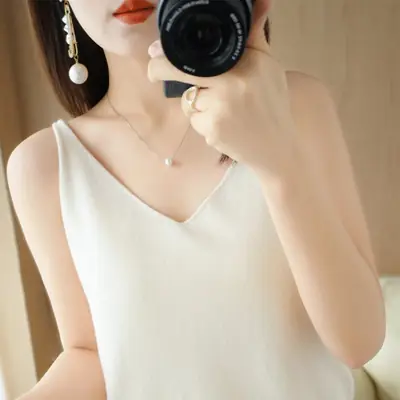 Women Knitted Sleeveless Camisole Vest Blue Autumn Winter