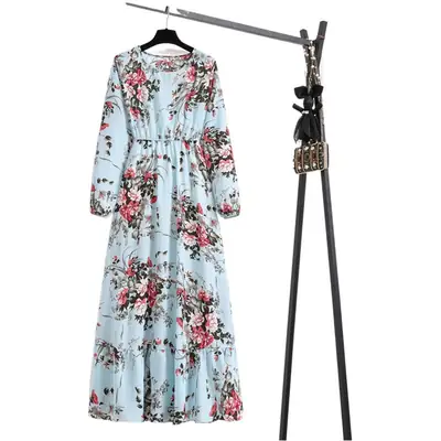 2022 Green Floral Crewneck Long Dress