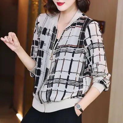 Women Printed Chiffon Jacket Black Gray Summer Coat
