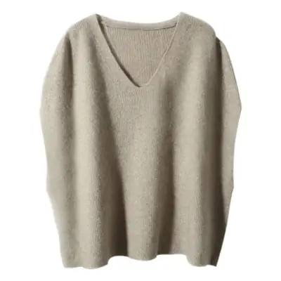 Women's Grey Knitted V-Neck Vest with Bat Sleeves