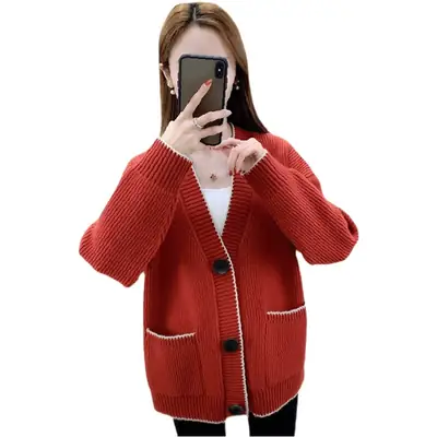 Women Knitted Cardigan Red Spring Autumn 2022