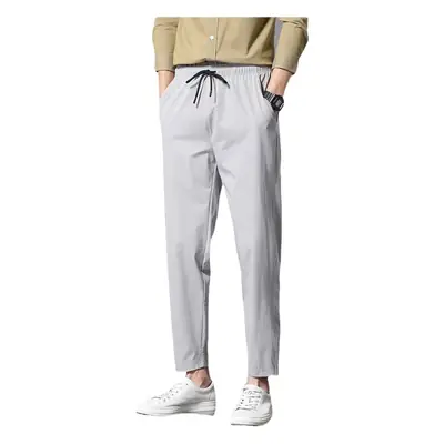 Men Grey Ice Silk Ankle Pants Breathable Casual