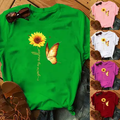Women Sunflower Butterfly T-Shirt White 2020