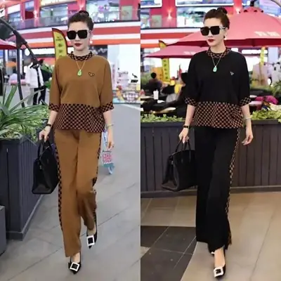 European Women's 2-Piece Suit Brown Black Wide Leg Pants